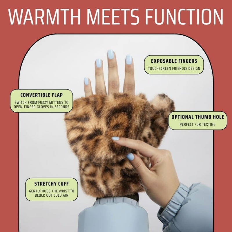 Funky Junque Faux Fur Flip Mittens Womens Warm Convertible Fingerless Gloves - Image 3